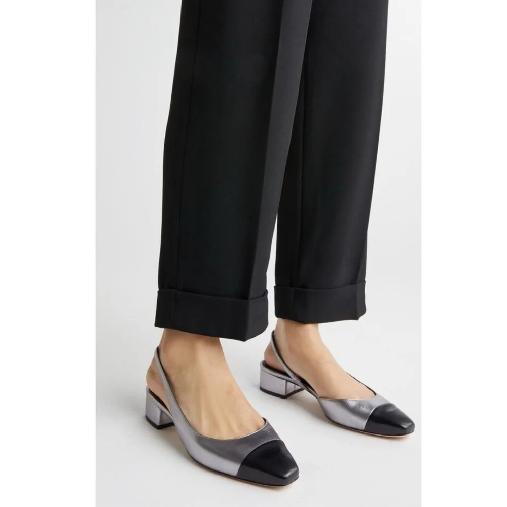 New Veronica Beard Cecile Metallic Silver/Black Leather Slingback Pump 7.5 NWOT